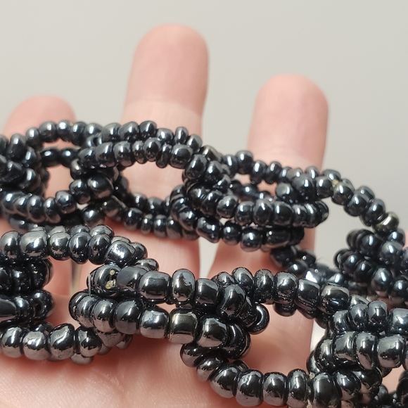 Hematite Beaded Double Chain Link Seed Bead Necklace Handmade Statement Necklace - Picture 5 of 7